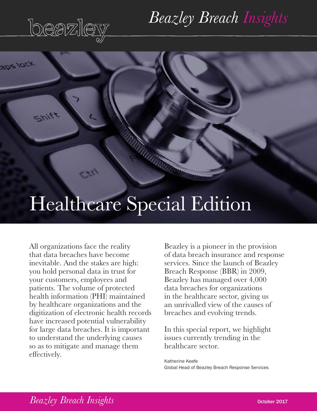 Cover of the Beazley Breach Insights Healthcare Special Edition